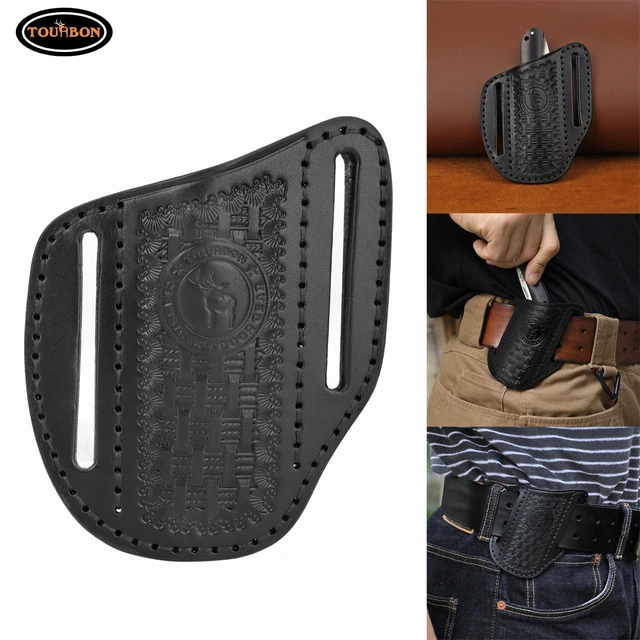 TOURBON LEATHER POCKET Knife Sheath Belt Carry Pouch EDC Folding Knives