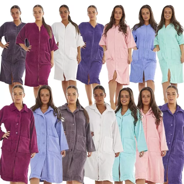WOMENS TERRY TOWELLING Zip Button Through Dressing Gown Bath