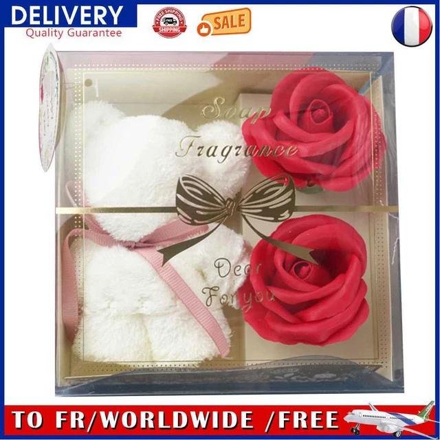 Coral Fleece Bear Towels Scented Soap Flowers with Clear Box Set (Red)