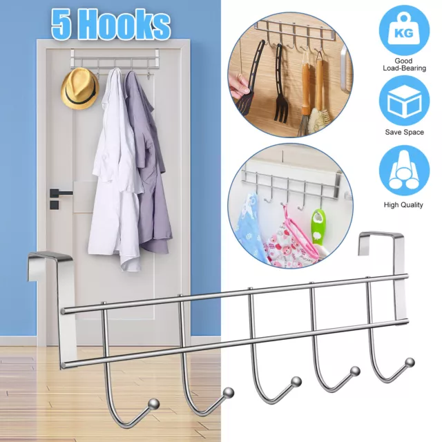 Over the Door 5 Hooks Rack Hanger Bathroom Metal Organizer for Clothes Hats Bags