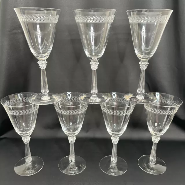 Fostoria Laurel Stem 6017 Blown Glass Cut Crystal 7 1/2" Water Wine Goblet Set 7