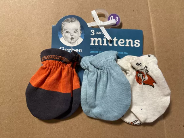 Gerber Baby Boys 3 Pack Cotton Mittens Size 0-3 Months NEW