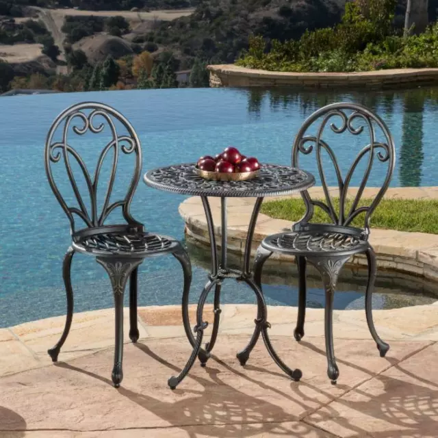 Outdoor Cast Aluminum Dark Gold Bistro Set Ornately Design Table