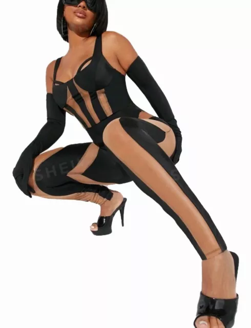 Mugler Style Body suit Jumpsuit Catsuit Mesh Cut Out Festival