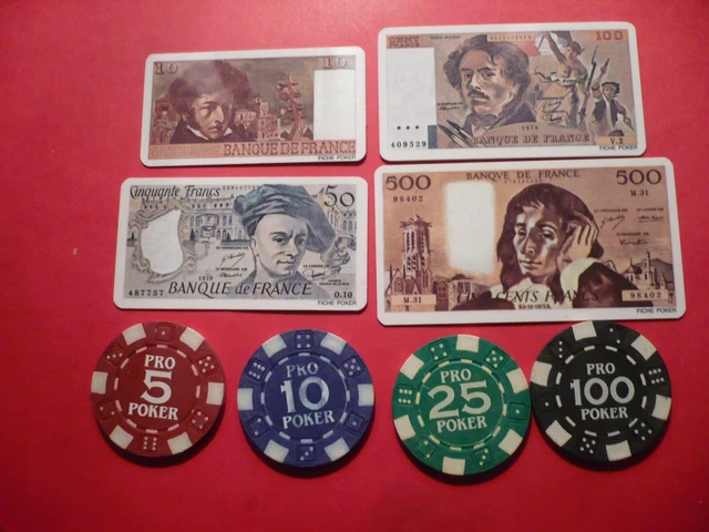 Jetons et Billets de Jeux de Poker ( 500 F Pascal, 100 F DELACROIX Etc..