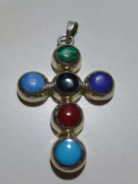 Incredible Array Of Natural Mexico Mexican Stones Sterling Silver Cross Pendant