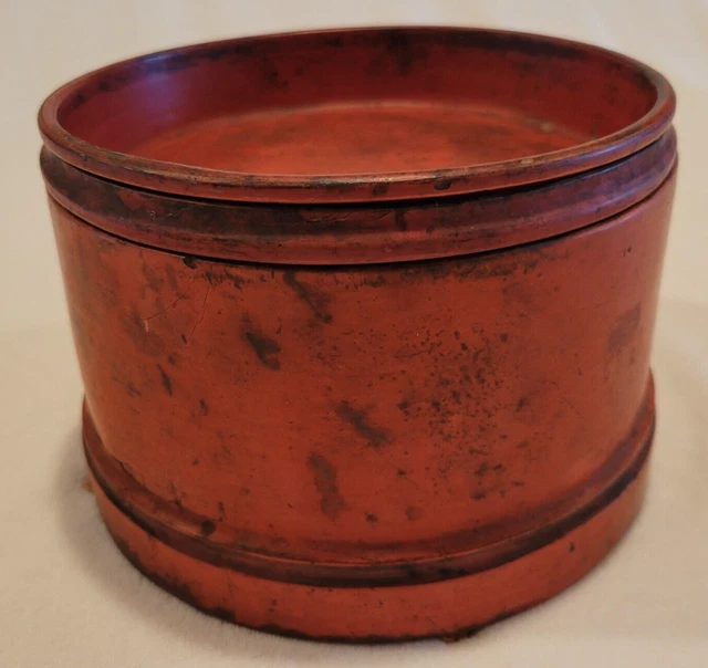 Antique Burmese Asian Deep Orange Lacquer Hand Painted 3 Piece Betel Nut Box