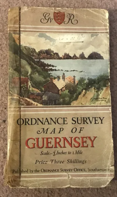 Ordnance  Survey  Full Colour Linen Backed Map of Guernsey  GR 1934  Vintage