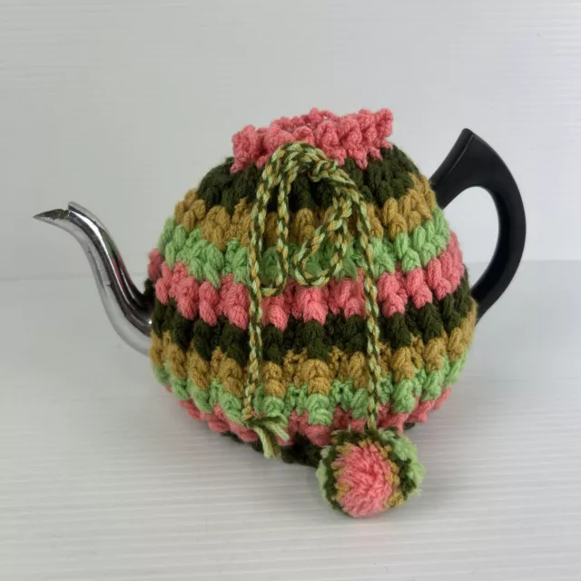 Tea cosy 2-4 Cup Hand Knitted Crochet Thick Retro Pink Green