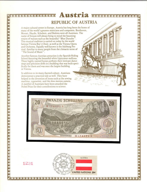 Austria 20 Schilling 1967 P 142 UNC with UN FDI FLAG STAMP M176571T