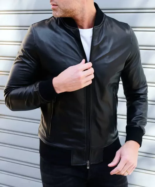 Black Leather Jacket Men Pure Lambskin Flight/Bomber Size S M L XL XXL Customade