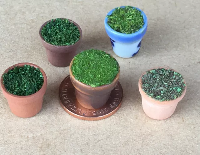 5 Filled Small Terracotta Style Flower Plant Pots Tumdee 1:12 Scale Dolls House