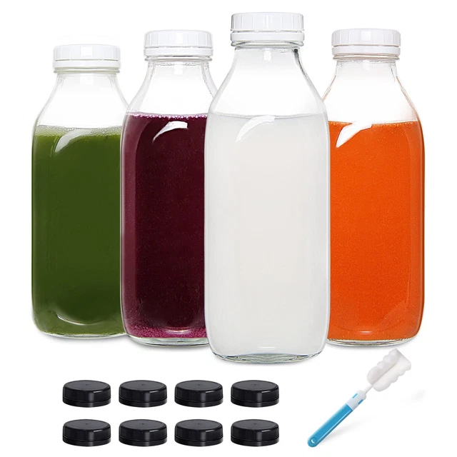 32oz Glass Milk Bottle with Plastic Tamper-proof Caps (4 Pack) Vintage