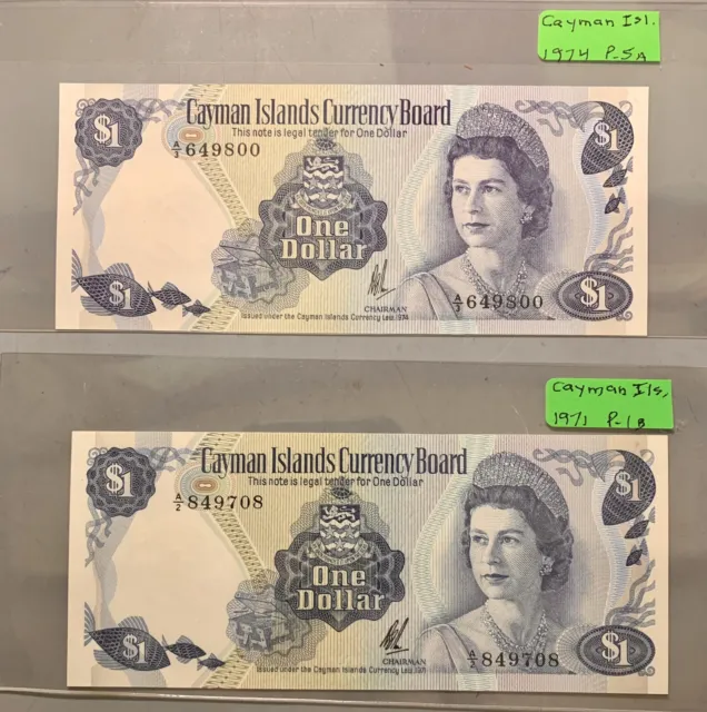 Cayman Islands 1971 $1 Pk1b & 1974 $1 Pk5a / Two Beautiful Unc Notes