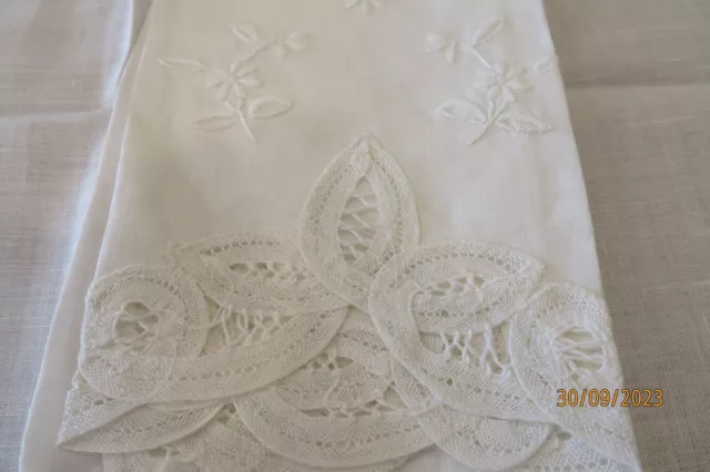 Set of SIX white linen vintage guest hand cloths never used hand embroidered