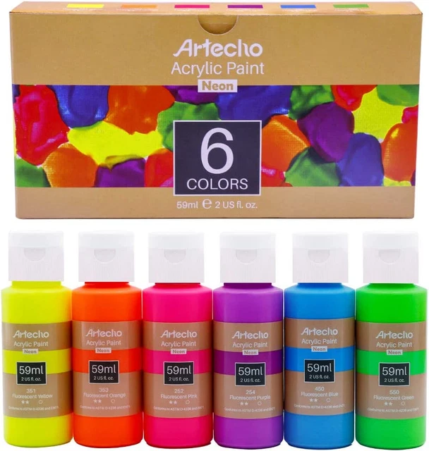 Juego de pintura acrílica Artecho para arte, 6 colores neón 2 oz acrílico para