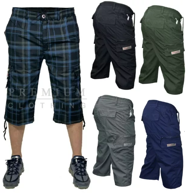 New Mens 3/4 Long Length Shorts Elasticated Waist Cargo Combat Three Quarter 01m