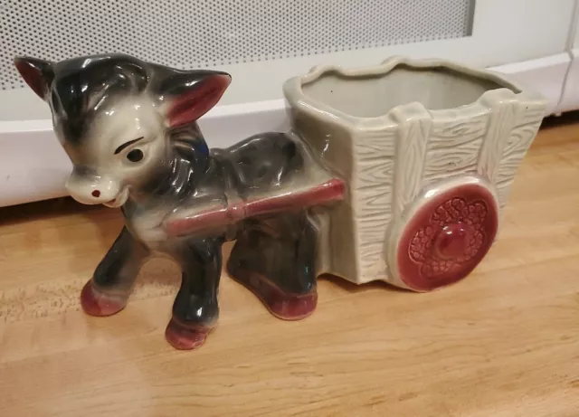 Vintage Donkey Planter Ceramic Mule Pulling Cart Flower Pot Gray Maroon Figurine