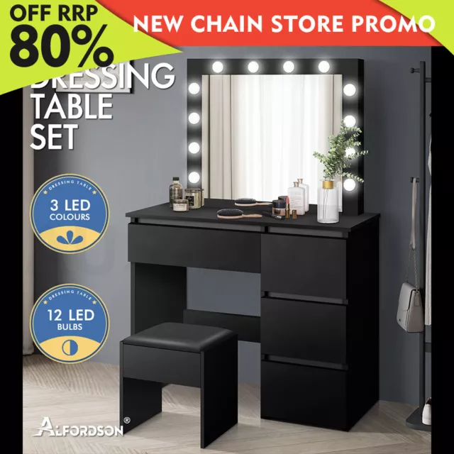 ALFORDSON Dressing Table Stool Set Makeup Mirror Desk LED 12 Bulbs Black