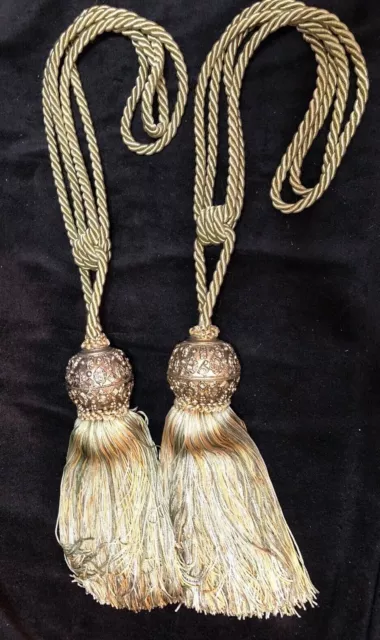 Fringe Tassels Green Gold Drapery Curtains Tiebacks 29" long Elegant Decor Art
