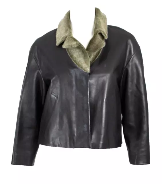 JIL SANDER Black Leather & Green Deer Fur Collared Cropped Jacket 38