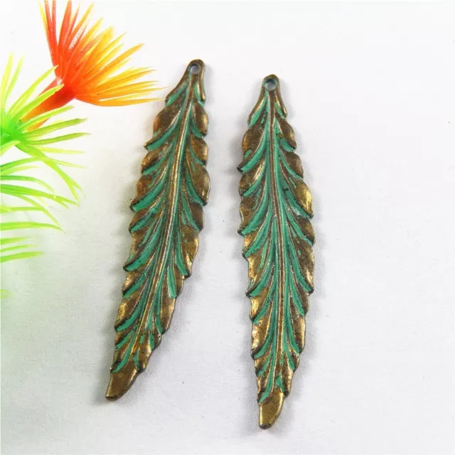 Zinc Alloy Jewelry Making Retro Bronze Green Leaf Pendant Charms 20pcs 52*11mm