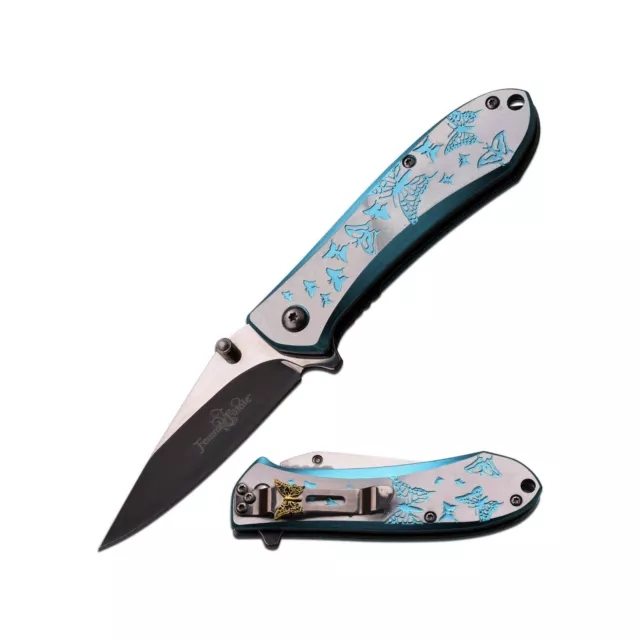 7" FEMME FATALE Blue Spring Open Assisted Folding Pocket Knife - Blue Butterfly
