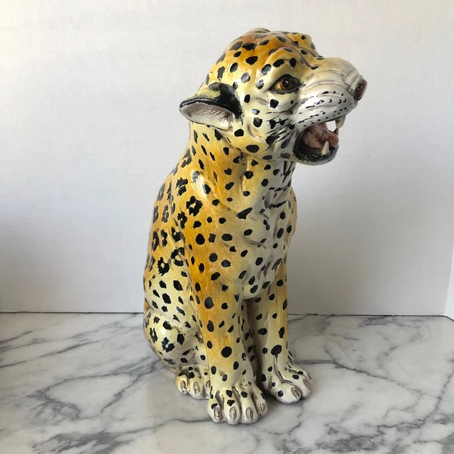 Vtg mid-century 14" ITALIAN glazed TERRA COTTA LEOPARD hand painted SIGNED xlnt!