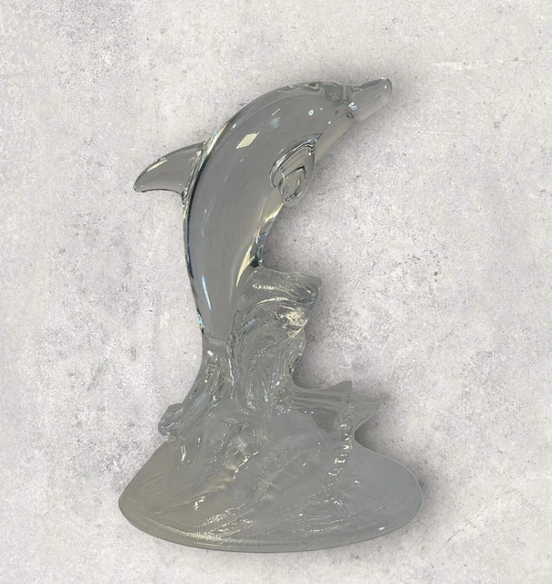 CRISTAL D'ARQUES GLASS DOLPHIN ON FROSTED CREST OF WAVE SCULPTURE 24%  Lead Cryt