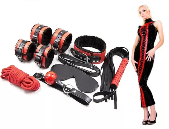 KIT 8 pz toy rosso e nero SET FRUSTINO sex sexy Frusta GUINZAGLIO