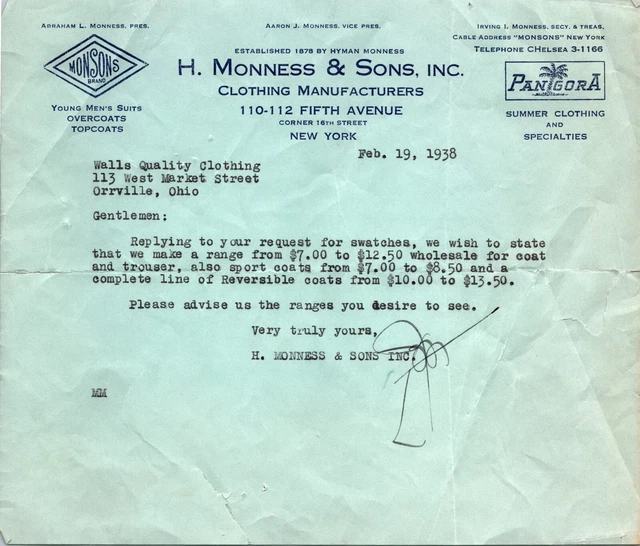 H Monness & Sons Inc New York NY 1938 Letterhead Clothing Monsons  Pangora Brand