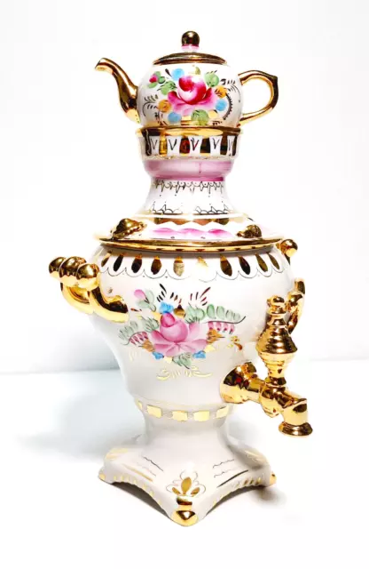 GZHEL,Гжель Porzellan UdSSR - Teedose Samovar Form - Blumen Dekor - Handbemalt