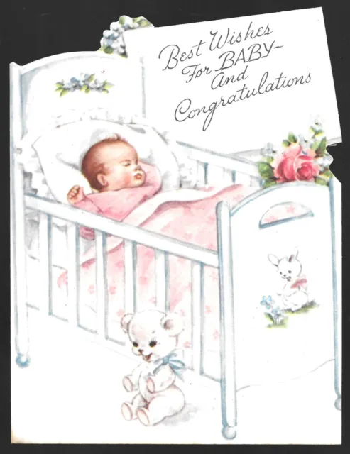 Vintage New Baby Arrival Greetings Card Die Cut Gibson England 1940s-1950s