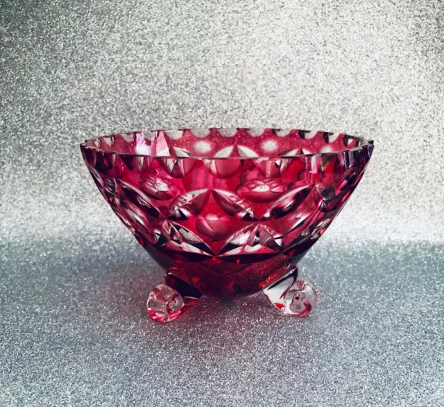 Vintage 5" Round Cranberry Red 3 Curled Foot Cut /Clear Crystal Bowl Scalloped