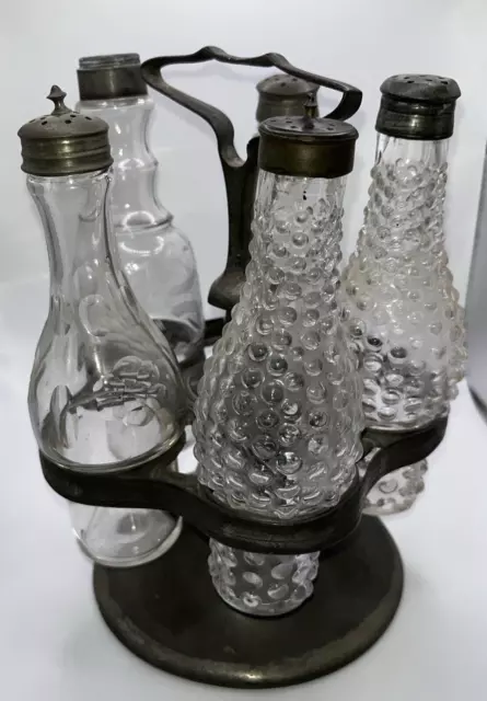 Antique Metal 5 Bottle Condiment Cruet Set 2 Bubble Glass 2 Etched