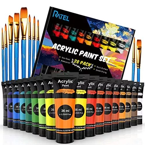 Set da Colori Acrilici, con 18 Tubi Pittura Acrilica e 10 Pennelli per Pittura