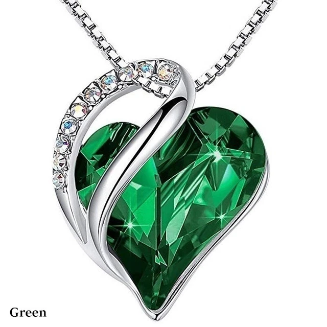Women Silver Love Heart Green Crystals Pendant Necklace Valentine's Day Gifts