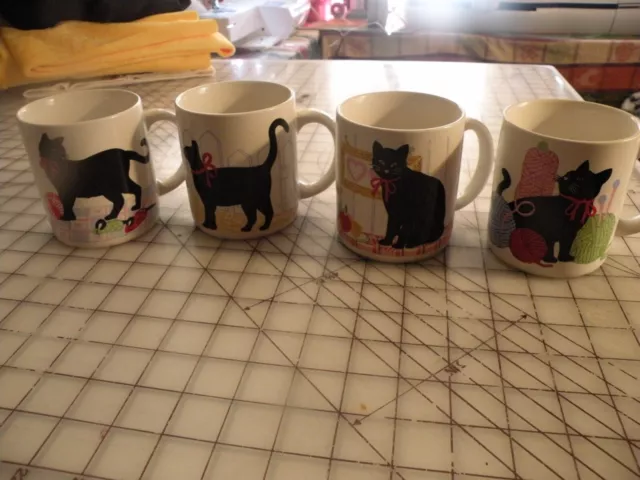 4 Black Cat Coffee Tea Mugs Cups Cat Toys Knitting Yarn On Table