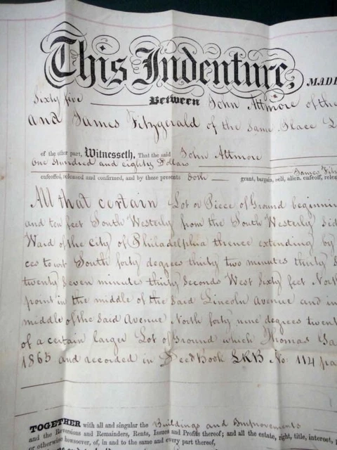 1865 antique DEED phila pa ATTMORE,CARPENTER darby, delaware county FITZGERALD