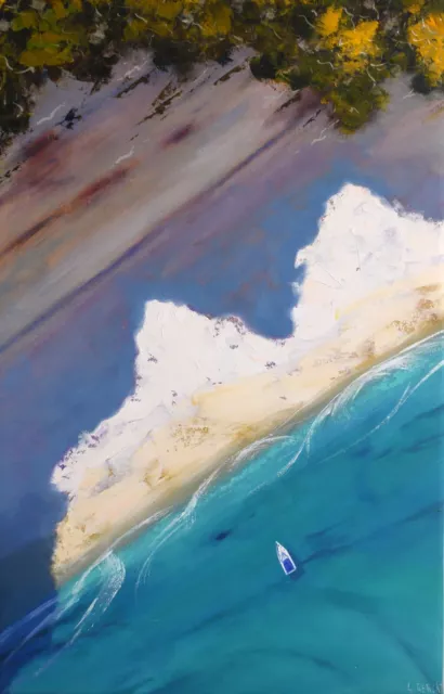 Drone sandy  beach view coastal shoreline seascape oil painting by G. Gercken