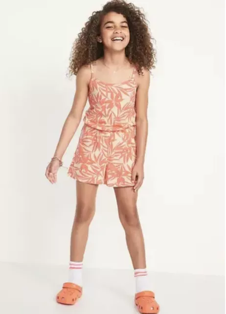 Old Navy Kids Girls Size XL (14-16) Peach Palm Jersey Knit Romper .. NWT