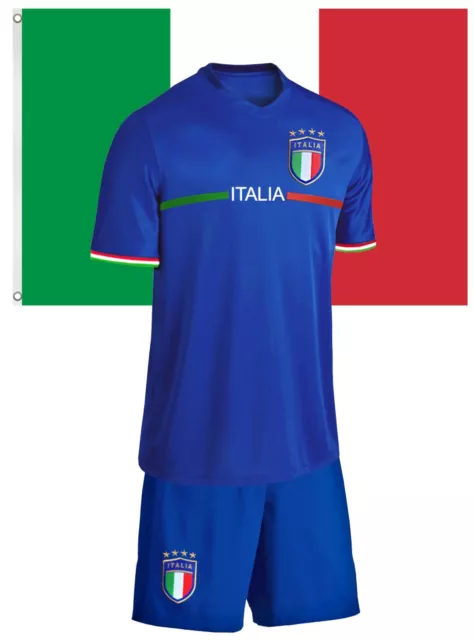 Italien Kinder Trikot Set Fußball WM EM Fan Zweiteiler Blau + Italien Flagge Fan