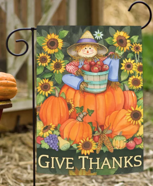 Toland Scarecrow Harvest 12x18 Give Thanks Fall Autumn Pumpkin Garden Flag