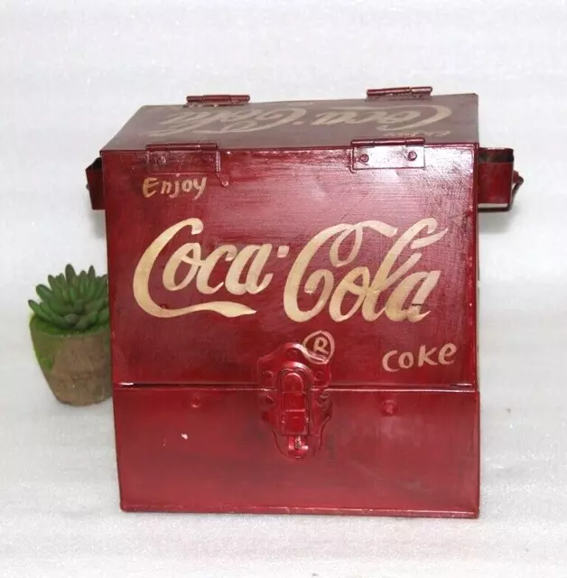 Antique Coca-Cola Rouge Peint Soda Verre Support Fer À Boîte Avec Ouvert & Porte 3