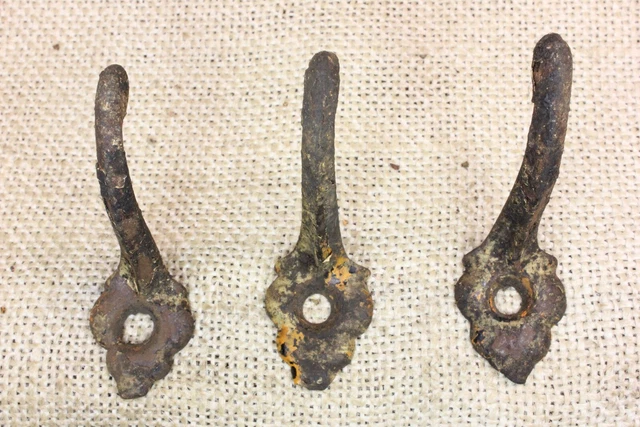 3 Old Single Coat Hooks School Farmhouse Rustic Paint Cast Iron  Vintage 1850’s