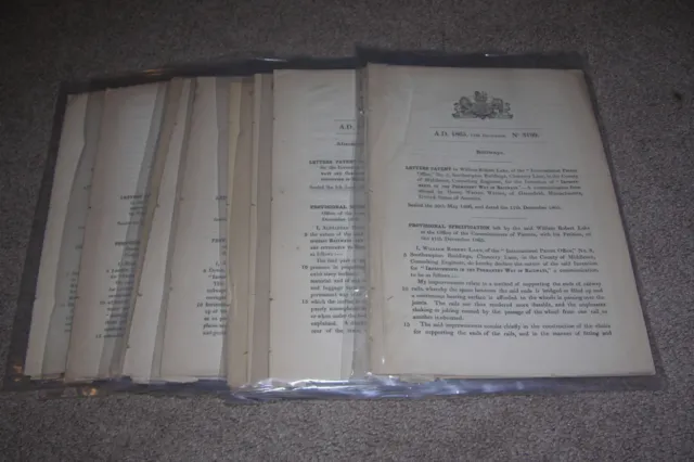 10x Letters of Patent for Railway/Railroad Inventions 1864-1865, U.K.