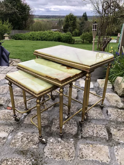 Vintage Mid Century French Brass & Onyx Nest Of Tables Castors Hollywood Regency