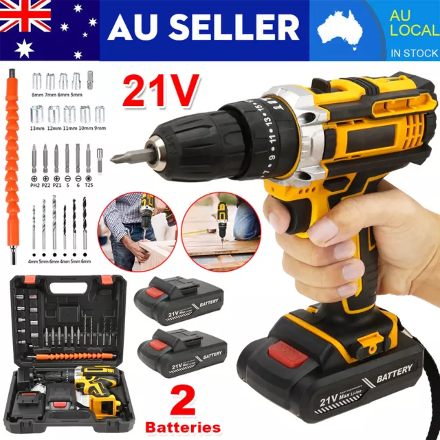 21V Cordless Drill+ 2 Battery Heavy Duty Impact Driver Brushless Hammer Tool Kit