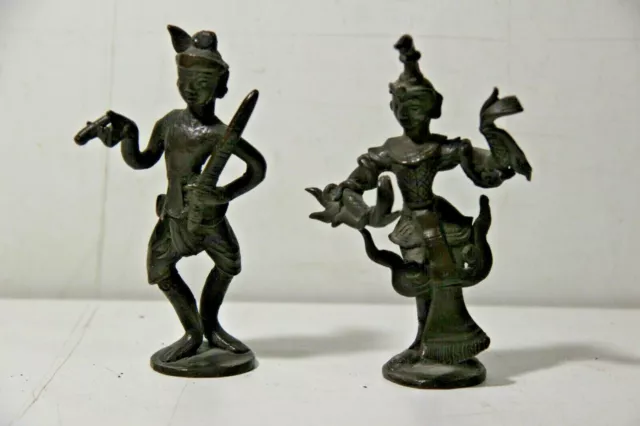 Antica Coppia Di Piccole Sculture In Bronzo Ballerina E Guerriero Thailandese