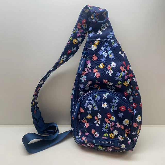 New Vera Bradley Essential Sling Bag Backpack Navy Blue Wildflowers